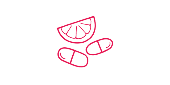 Pink outline of citrus fruit slice and two pill capsules